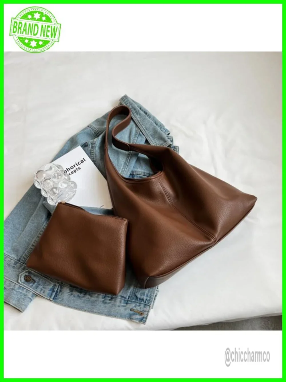 Slouchy Hobo Bag Soft PU Leather Tote 2pc Set Shoulder Purse Work Handbag